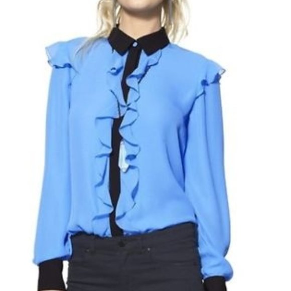 Prabel Gurung x Target blue long sleeve blouse w/black accents & ruffles Small - Picture 13 of 16